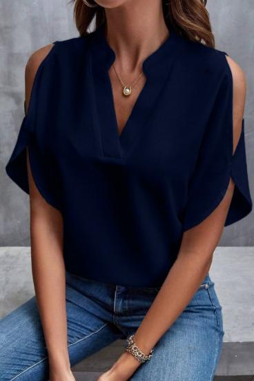 Елегантна широка блуза с "V" деколте, тъмно синя
