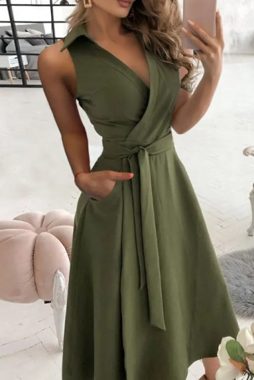 Елегантна миди рокля с яка, маслиненозелена