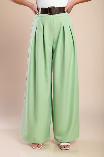 Елегантен дълъг панталон с колан, светло зелен