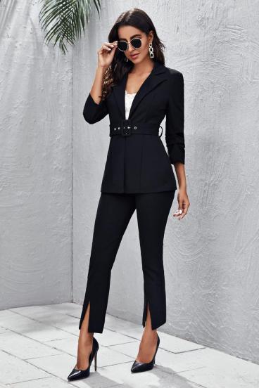 Елегантен комплект сако и панталон с колан, черен