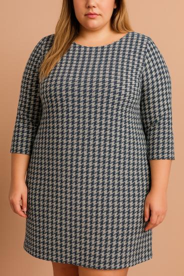 Рокля midi plus size с принт пепита, тъмносиня