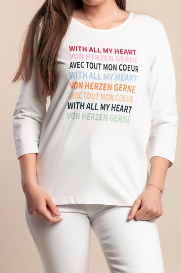 Памучен топ с щампа, голям размер, бял