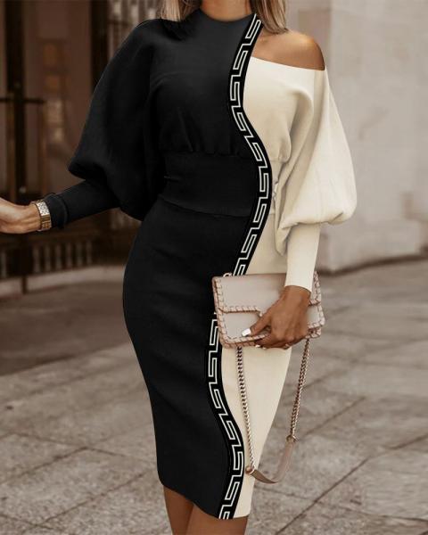 Елегантна рокля с геометричен десен, черно/бежова