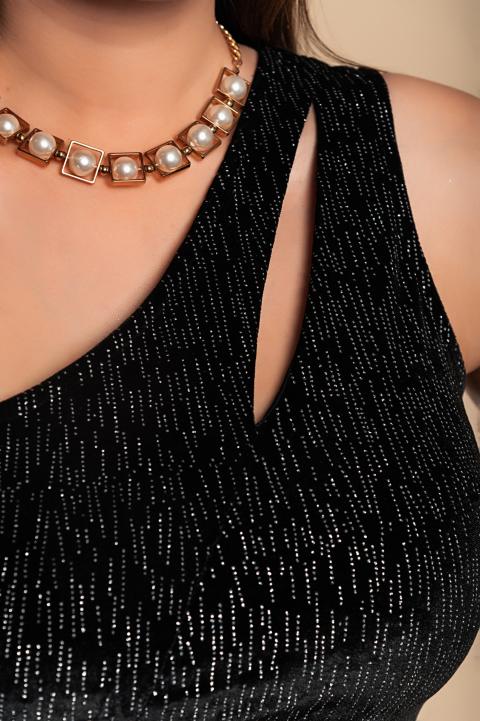 Кадифена мини рокля с кристали, черна