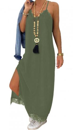 Дълга рокля с дантелена декорация, PRIMAROSA, маслено зелена